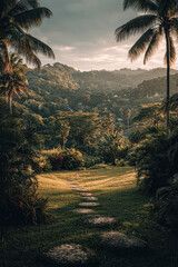 A serene landscape featuring a winding stone path surrounded by lush greenery and palm trees, set against a backdrop of rolling hills under a moody sky.
