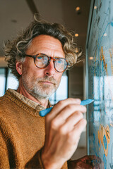 A focused individual with curly hair and glasses is drawing on a glass surface, showcasing creativity and artistic expression in a modern environment.