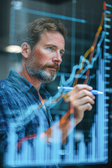 A focused man analyzes data trends on a digital screen, highlighting his analytical skills and business acumen in a professional environment.