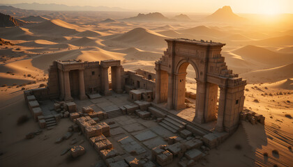 Aerial View Ancient Ruins Sunset Remote Desert Landscape Adventure Travel History PNG Stock Photo on Transparent Background