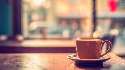 Obraz premium Hot latte coffee cup morning caf�� scene, soft overhead light showing ceramic texture steam effect