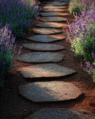 A serene stone pathway lined with vibrant lavender flowers, creating a tranquil and picturesque outdoor scene.
