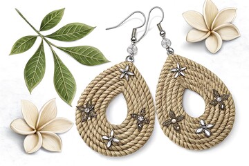 Handmade teardrop rope earrings adorned with star charms and tropical flowers