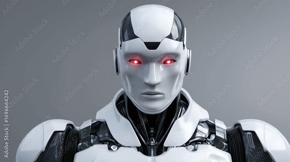 Aufkleber front view of a humanoid robot with glowing red eyes, symbolizing advanced artificial intelligence a