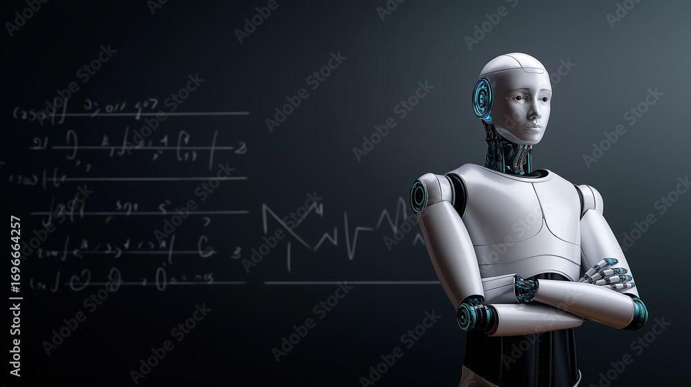 Aufkleber humanoid robot standing with arms crossed in front of scientific graphs, symbolizing artificial inte