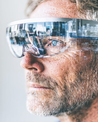 A man wearing futuristic augmented reality glasses reflects a cityscape, blending technology with human experience.