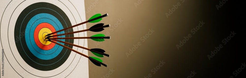 Poster multiple arrows hitting bullseye on archery target with empty space on right side for copy or design