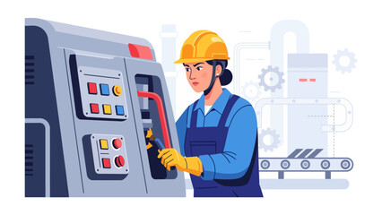 The Technician's Precision: A skilled female technician, clad in a safety helmet, expertly operates complex machinery. Depicting the blend of expertise, focus, and technological prowess.