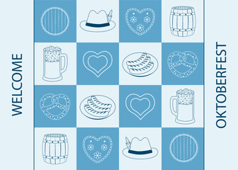 Horizontal checkered background oktoberfest. Icons and text welcome oktoberfest on blue background. Vector illustration. Line drawing. Template for party invitation. Rectangular banner for sale.