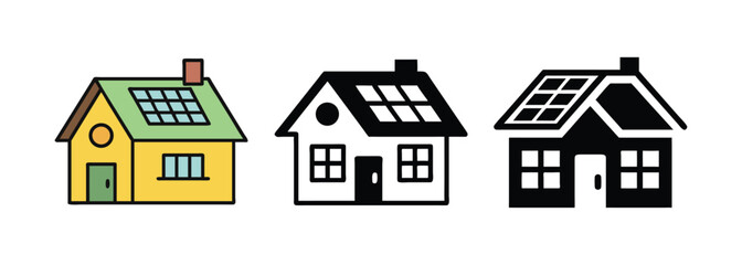 Solar Panel House Vector Icons Set – Color, Outline & Solid