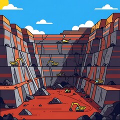 Illustration of an open-pit mine with excavators and layered rock faces
