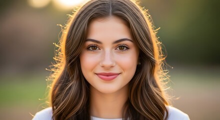 Naklejka premium Portrait of a youthful woman illuminated by golden hour sunlight outdoors