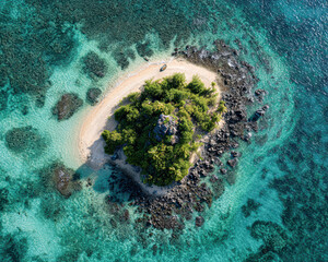 Aerial view of a tropical island surrounded by clear turquoise waters, featuring lush greenery and a sandy beach, ideal for relaxation and adventure.
