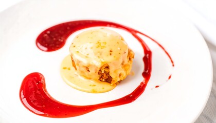 A delectable dessert, a small, round cake, artfully presented on a white plate, is drizzled with a vibrant red raspberry sauce and a creamy, pale yellow custard.