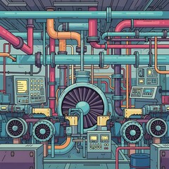 Industrial interior featuring complex machinery and colorful pipeline system
