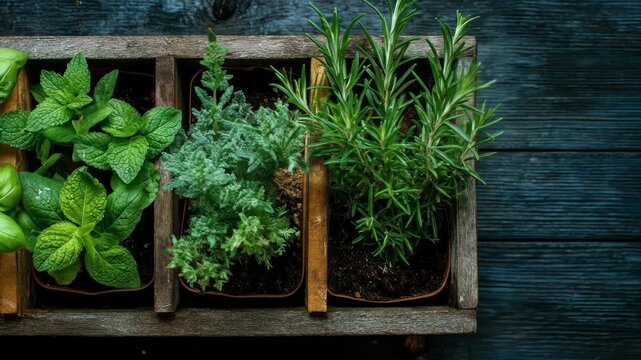 An overhead view of a wooden box divided into three sections, each containing vibrant green herbs, placed on a dark wood surface
