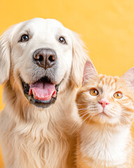 A joyful golden retriever and a curious orange cat pose together against a bright yellow background, showcasing their friendly bond.