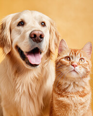 A joyful golden retriever and a curious ginger cat pose together against a warm yellow background, showcasing their friendship.