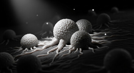 Microscopic view of cancerous cells with tendrils spreading across a dark surface, illuminated by a spotlight.