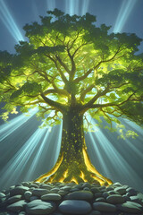 Majestic Glowing Tree of Light with Sun Rays and Stones