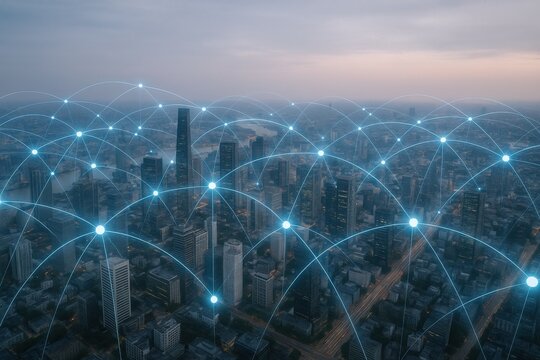 Connected Cityscape: Digital Network Over Urban Skyline, Representing Global Communication and Modern Technology Infrastructure