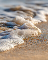 A close-up view of gentle ocean waves lapping against sandy shores, creating a serene and calming atmosphere.