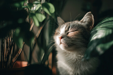 A serene cat relaxes in sunlight, surrounded by lush green plants, embodying tranquility and warmth in a cozy indoor setting.