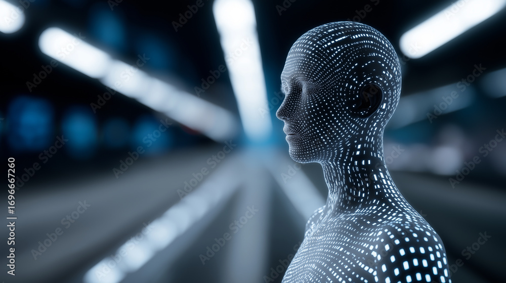 Aufkleber digital futuristic portrait of a man with glowing data lines across his face, symbolizing artificial