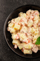 Potato salad ham, potato, tomato, carrot, mayonnaise tasty snack fresh delicious gourmet food background on the table rustic top view copy space