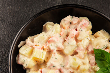 Potato salad ham, potato, tomato, carrot, mayonnaise tasty snack fresh delicious gourmet food background on the table rustic top view copy space