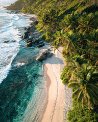 A serene beach scene with palm trees, clear turquoise water, and soft white sand, showcasing nature's beauty and tranquility.