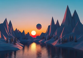 Low Poly Mountains and Trees Reflecting Sunrise in Water, 3D Render