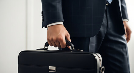 Close-up of a professional businessman in a formal suit holding a black leather briefcase