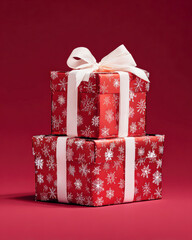 Two beautifully wrapped red gifts with white ribbons sit against a deep red background, evoking a festive and joyful atmosphere.