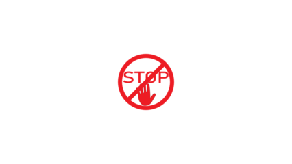 Red illuminated stop sign with a diagonal line indicating prohibition against a dark background