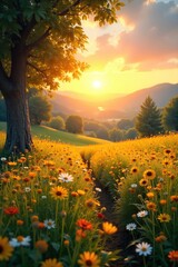 Golden hour sunlight bathes a vibrant landscape in warm, summery hues  Perfect for travel, vacation, and summer-themed projects  Enjoy the idyllic scene!, travel, texture