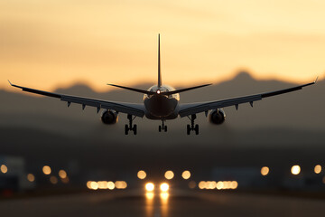 Plane landing at golden hour. The aircraft approaches with landing gear down, with a soft light of setting sun, ready for its smooth arrival. #aviation