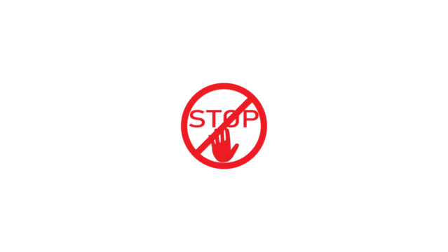 Red illuminated stop sign with a diagonal line indicating prohibition against a dark background