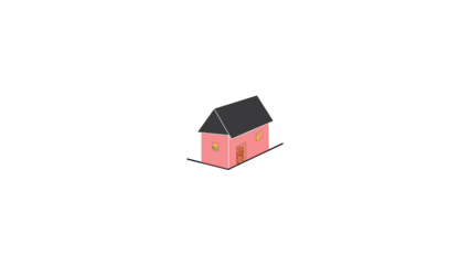 Small red isometric house with dark roof and glowing windows on black background