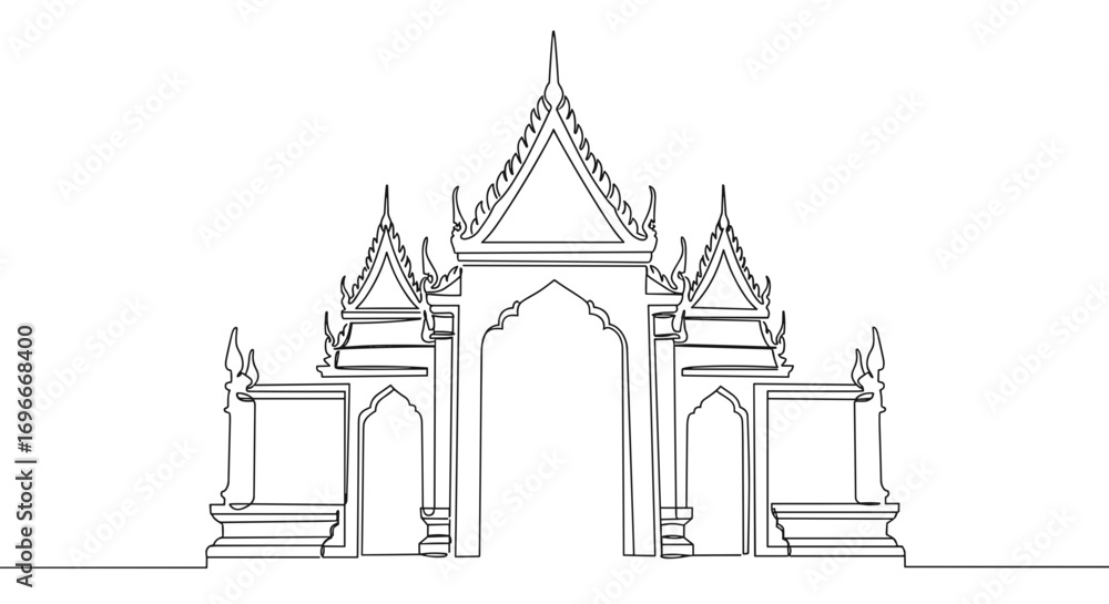 Poster traditional temple architecture in line style on transparent background