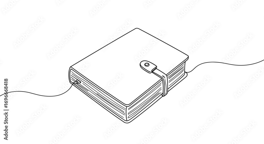Poster line drawing of an open notebook with a strap and bookmark