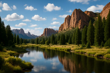 Majestic mountain peaks reflected in a serene river valley