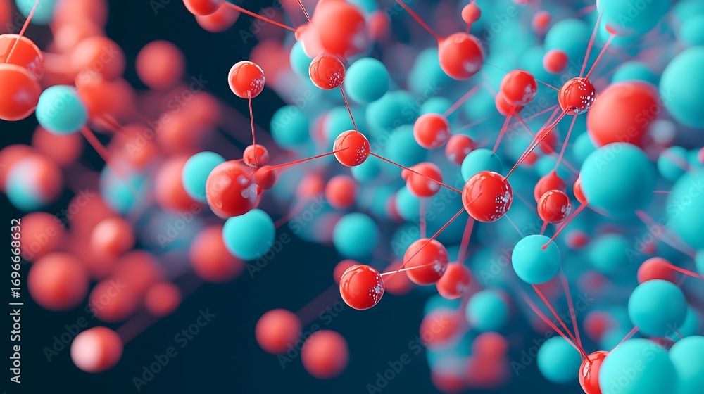 Poster a colorful abstract representation of molecular structures, showcasing red and blue spheres intercon