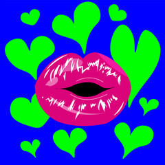 This vibrant vector image features a pair of glossy, fuchsia pink lips at its center, set against a bold, royal blue background. Surrounding the lips are various sized, bright lime-green hearts, creat
