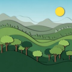 Paper layered landscape illustration with trees hills and vibrant sun