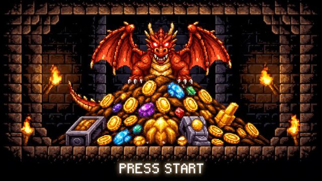 Retro Pixel Art Dragon Guarding Treasure in Dungeon. Vintage Video Game Start Screen with 'Press Start' Text.