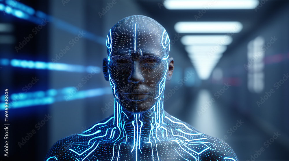 Aufkleber digital futuristic portrait of a man with glowing data lines across his face, symbolizing artificial