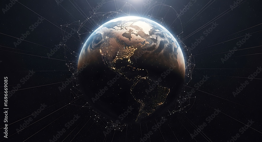 Poster digital network connecting the earth with glowing lines and dots