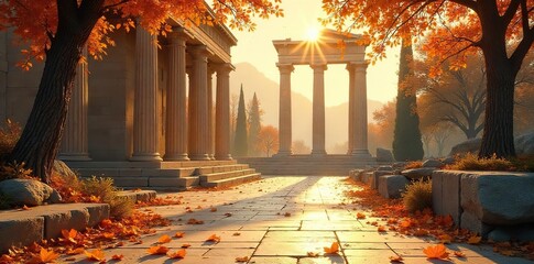 Golden sunlight bathes ancient Greek ruins, fallen leaves scattered across sun-drenched marble, a serene autumnal scene evoking history and tranquility , peaceful, landscape, orange