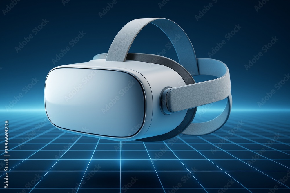 Poster futuristic virtual reality headset mockup with clean design on glowing grid background for product p